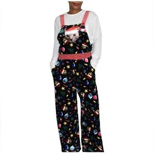 Love On A Hanger Women's Black Christmas Kitty Cat Velour Overalls XL